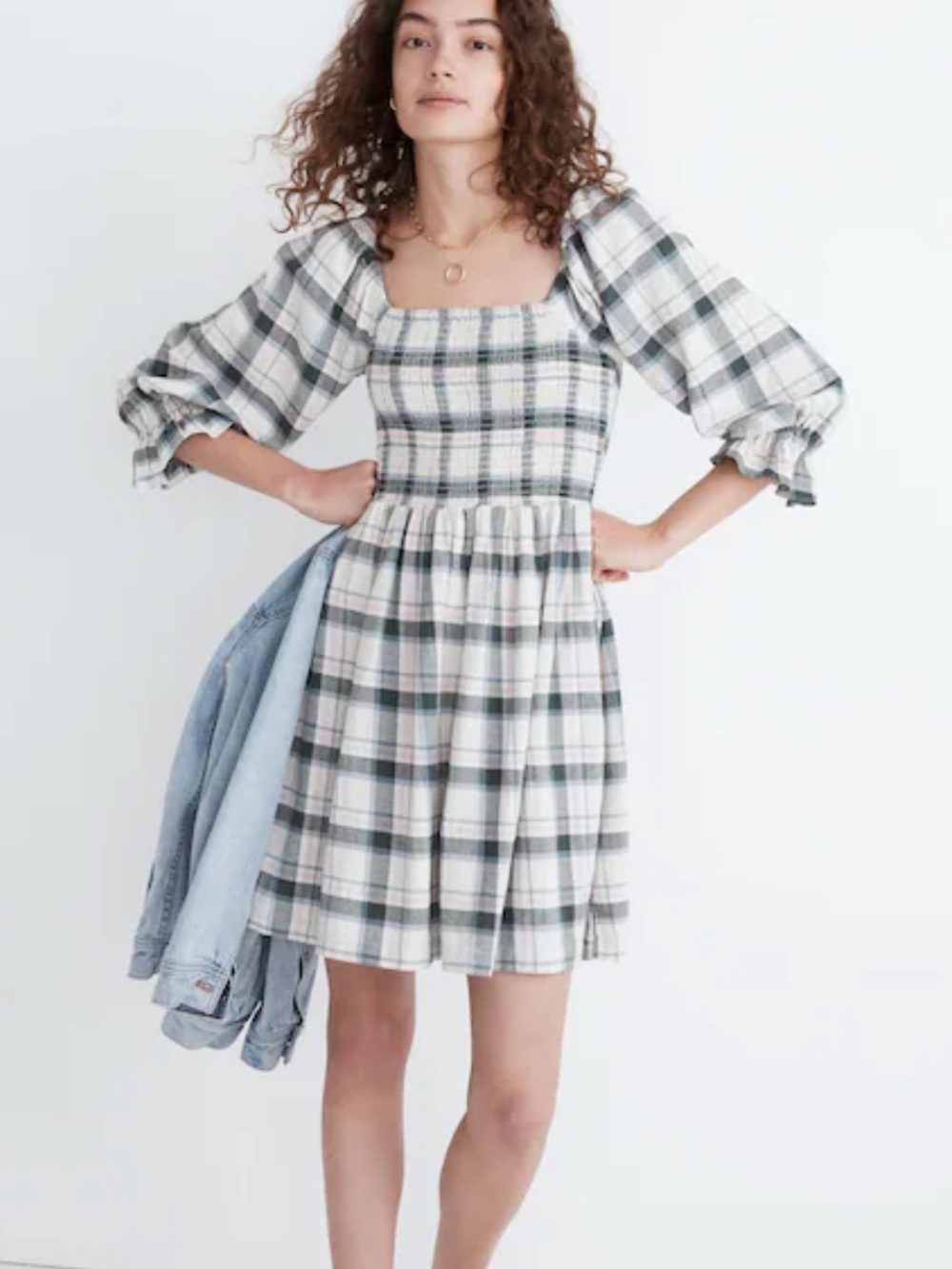 Madewell Plaid Puff-Sleeve Square-Neck Mini Dress in White and Gray